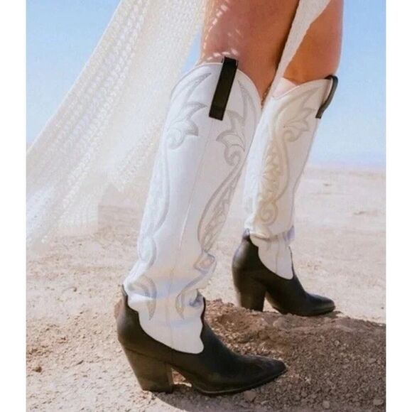 Steve Madden Lasso White Black Leather Western Tall Boots Size 8 Cowboy Style - Picture 6 of 6